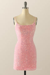 Bridesmaid Dress By Color, Spaghetti Straps Pink Sequin Bodycon Mini Dress