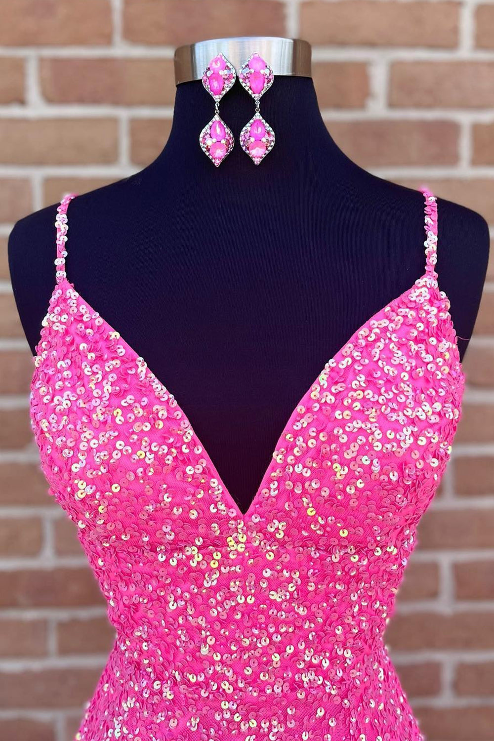 Fairy Dress, Spaghetti Straps Pink Sequins Short Homecoming Dress with Criss Cross Back