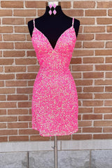 Floral Prom Dress, Spaghetti Straps Pink Sequins Short Homecoming Dress with Criss Cross Back