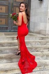 Spaghetti Straps Red Long Prom Dress with Appliques
