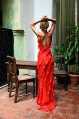 Party Dress Nye, Spaghetti Straps Red Long Prom Dresses,Ruffles Sheath Evening Formal Gown
