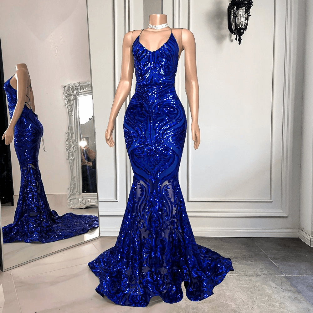 Bridesmaids Dress Mismatched, Spaghetti-Straps Royal Blue Long Mermaid Prom Dress With Sequins