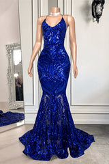 Bridesmaid Dress Mismatched, Spaghetti-Straps Royal Blue Long Mermaid Prom Dress With Sequins