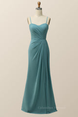 Prom Dress Colorful, Spaghetti Straps Teal Green Chiffon A-line Long Bridesmaid Dress