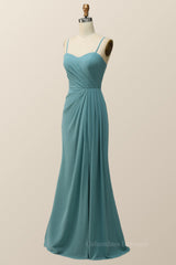 Prom Dress 2060, Spaghetti Straps Teal Green Chiffon A-line Long Bridesmaid Dress