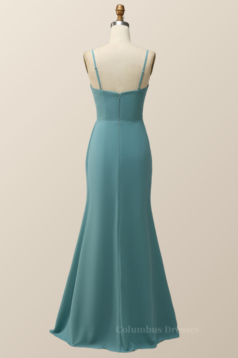 Prom Dresses 2060, Spaghetti Straps Teal Green Chiffon A-line Long Bridesmaid Dress