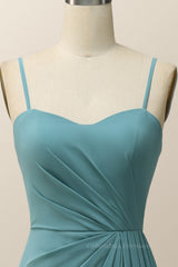 Prom Dresses Off The Shoulder, Spaghetti Straps Teal Green Chiffon A-line Long Bridesmaid Dress