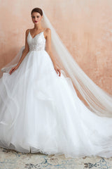 Wedding Dress Online, Spaghetti Straps V-neck Lace Organza Tiered A-line Wedding Dresses