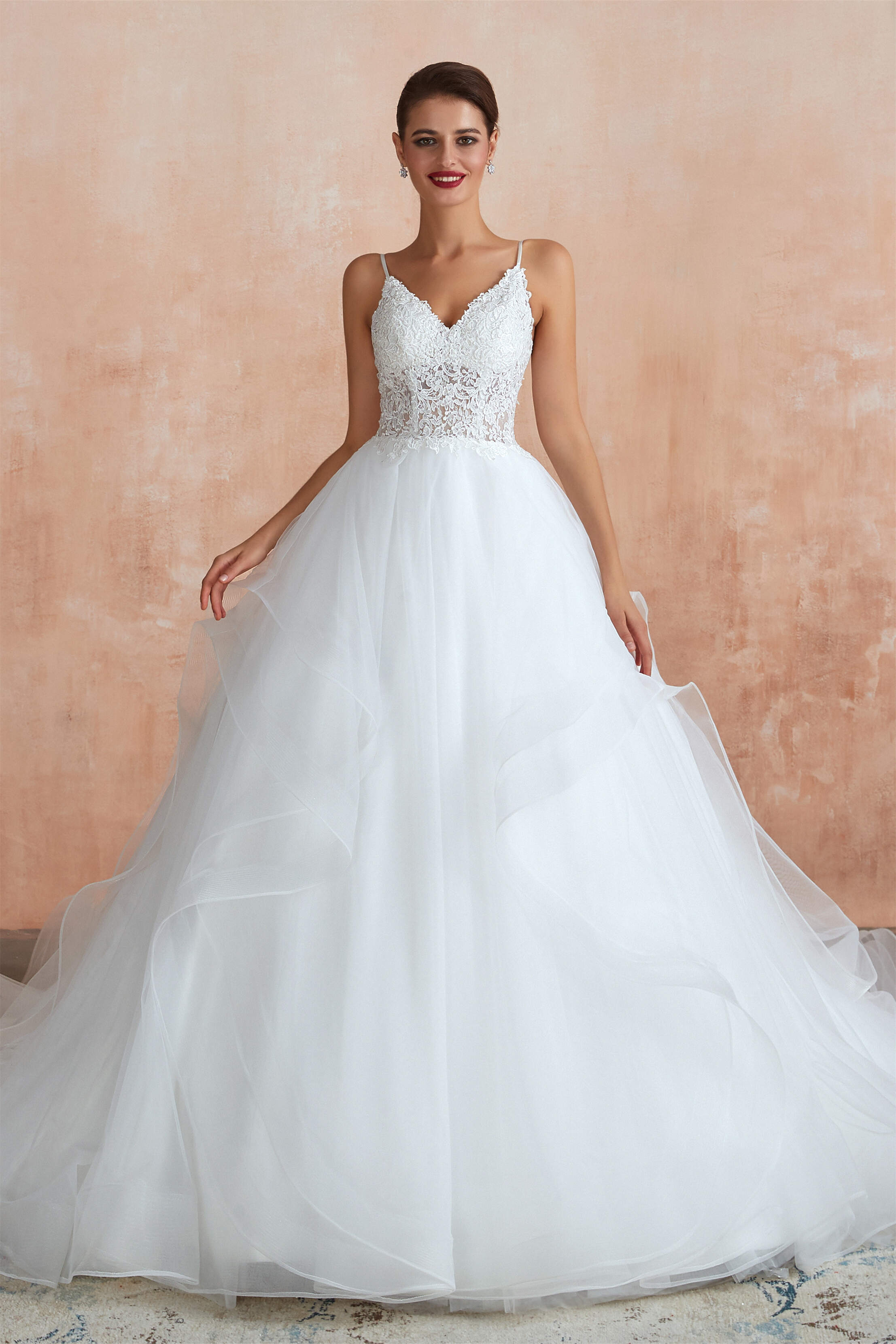 Wedding Dress Outfits, Spaghetti Straps V-neck Lace Organza Tiered A-line Wedding Dresses