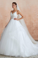 Wedding Dress Sleeves, Spaghetti Straps V-neck Lace Organza Tiered A-line Wedding Dresses