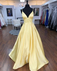 Prom Dresses Tulle, Spaghetti Straps V-neck Long Daffodil Simple Satin Prom Dresses