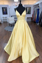 Prom Dress Tulle, Spaghetti Straps V-neck Long Daffodil Simple Satin Prom Dresses