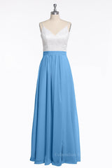 Prom Dresses Elegent, Spaghetti Straps White and Blue Red Chiffon Long Bridesmaid Dress