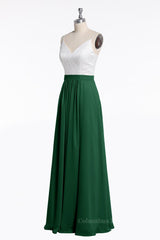 Strapless Dress, Spaghetti Straps White and Green Chiffon Long Bridesmaid Dress