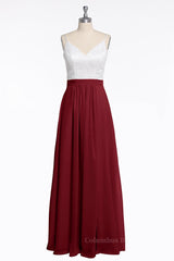 Prom Dress Short, Spaghetti Straps White and Wine Red Chiffon Long Bridesmaid Dress