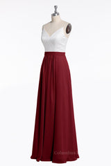 Prom Dress For Teens, Spaghetti Straps White and Wine Red Chiffon Long Bridesmaid Dress