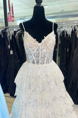 Evening Dress Vintage, Spaghetti Straps White Layered A-Line Prom Dress with Sequin