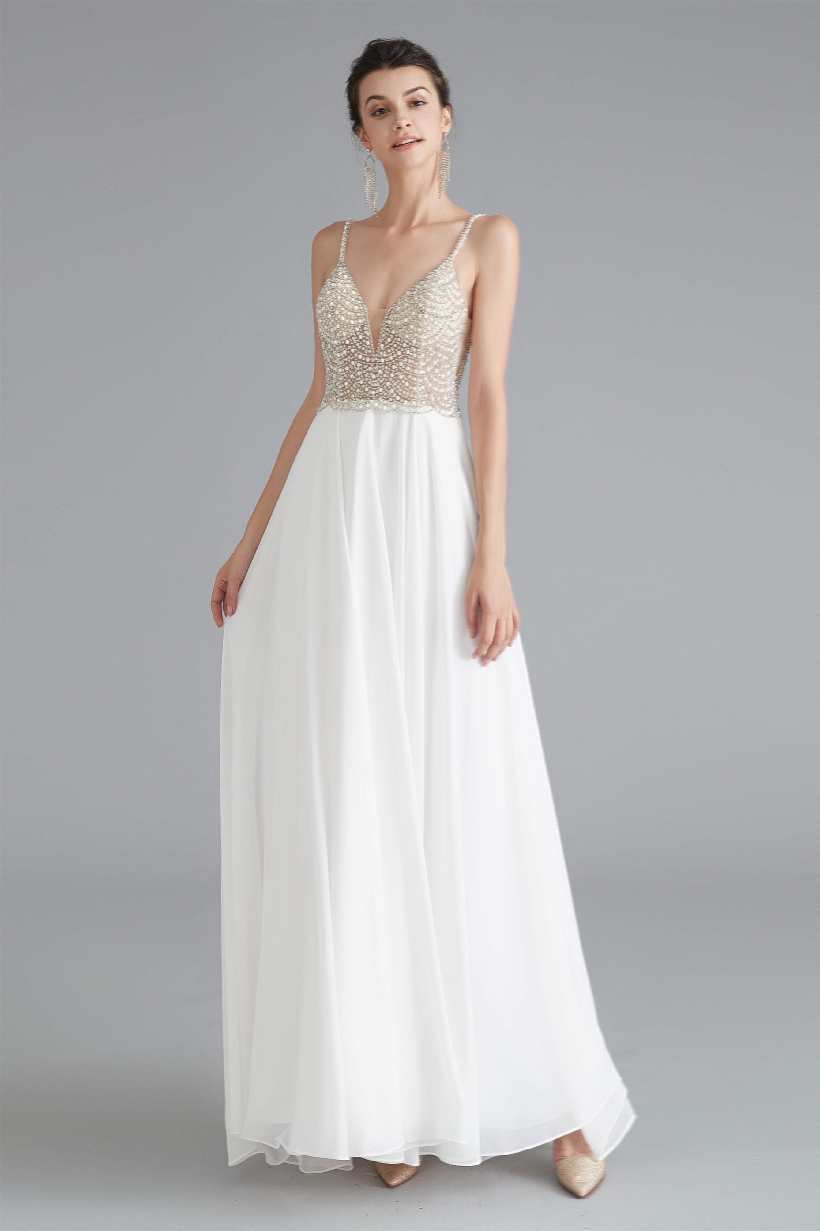 Prom Dresses Elegant, Spaghetti V-Neck Beaded Pearls Chiffon Prom Dresses