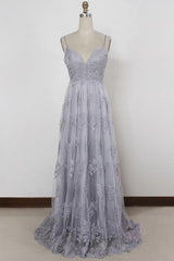 Wedding Party Dress, Spaghetti Straps Long Lace Prom Gown, A Line V Neck Sleeveless Formal Dresses