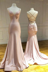 Formal Dresses For Large Ladies, Pink Spaghetti Straps Mermaid Long Prom Dress, Simple Formal Gown