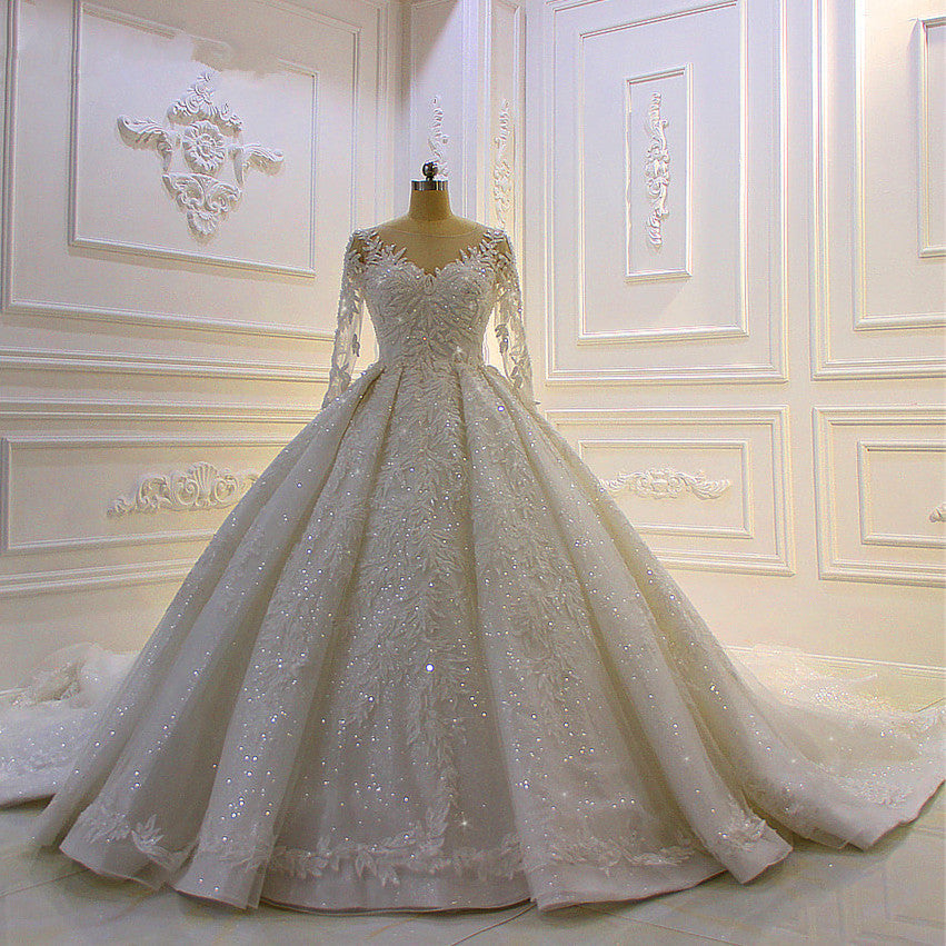 Wedding Dresses Budget, Sparkle 3D Lace Appliques Long Sleevess Church Train Wedding Dress