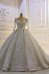 Wedding Dresse Vintage Lace, Sparkle 3D Lace Appliques Long Sleevess Church Train Wedding Dress