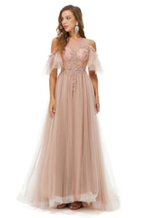 Bridesmaid Dresses Blushing Pink, Sparkle Beaded Cool Shoulder A-Line Beaded Prom Dresses