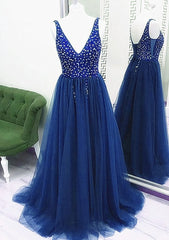 Prom Dress A Line Prom Dress, Sparkle Beaded Tulle V-neckline Floor Length Party Dress, Blue Junior Prom Dresses Formal Dresses