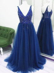 Prom Dresses Fitted, Sparkle Beaded Tulle V-neckline Floor Length Party Dress, Blue Junior Prom Dresses Formal Dresses