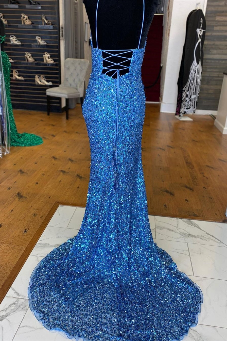 Bridesmaid Dress For Beach Wedding, Sparkle Blue Sequin Prom Dresses Iridescent Mermaid Long Formal Dresses Side Slit