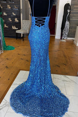 Bridesmaid Dress For Beach Wedding, Sparkle Blue Sequin Prom Dresses Iridescent Mermaid Long Formal Dresses Side Slit