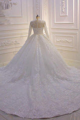 Wedding Dress Lace Simple, Sparkle Lace Ball Gown High Neck Tull Long Sleevess Wedding Dress