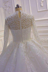 Wedding Dresses Princesses, Sparkle Lace Ball Gown High Neck Tull Long Sleevess Wedding Dress