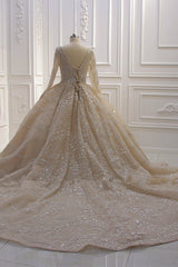 Wedding Dress Shape, Sparkle Lace Long Sleevess Champange Luxurious corset Wedding Dress