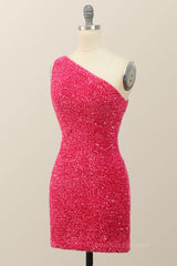 Bridesmaid Dresses Mismatched, Sparkle One Shoulder Hot Pink Sequin Party Dress