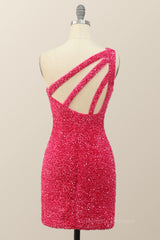Bridesmaid Dress Long, Sparkle One Shoulder Hot Pink Sequin Party Dress