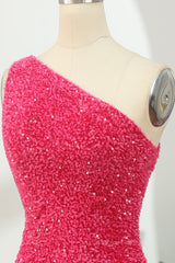 Bridesmaid Dress Color, Sparkle One Shoulder Hot Pink Sequin Party Dress