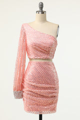 Prom Dresses Two Piece, Sparkle Pink Two Piece One Sleeve Tight Mini Dress