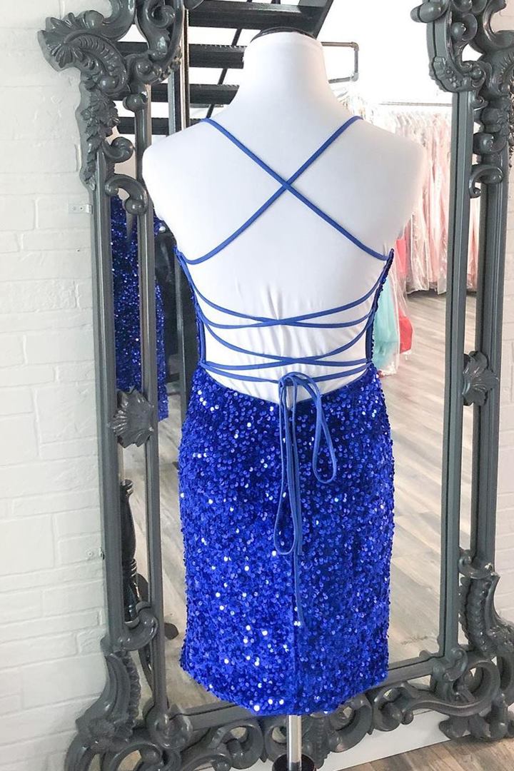 Evening Dress Yde, Sparkle Royal Blue Sequins Bodycon Mini Cocktail Dresses