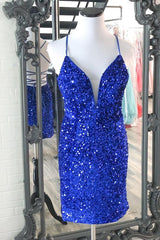 Evening Dresses Yde, Sparkle Royal Blue Sequins Bodycon Mini Cocktail Dresses
