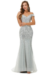 Wedding Decor, Sparkle Silver Mermaid Beaded Cap Sleeves Off-The-Shoulder Prom Dresses