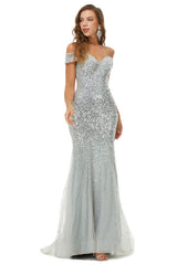 Long Sleeve Wedding Dress, Sparkle Silver Mermaid Beaded Cap Sleeves Off-The-Shoulder Prom Dresses