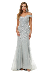 Bridesmaid Dresses Dusty Blue, Sparkle Silver Mermaid Beaded Cap Sleeves Off-The-Shoulder Prom Dresses