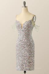 Classy Prom Dress, Sparkle Silver Sequin Tassels Bodycon Dress