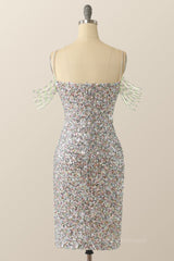 Short Dress, Sparkle Silver Sequin Tassels Bodycon Dress