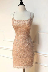 Homecoming Dresses For Girl, Sparkle Straps Tight Peach Sequins Short Homecoming Dress