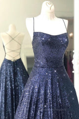 Bridesmaid Dresses Beach, Sparkly Backless Navy Blue Long Prom Dresses, Open Back Long Navy Blue Formal Evening Dresses