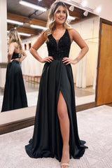 Sparkly Black A-Line Long Prom Dress with Pockets