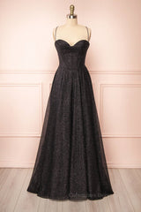 Bridesmaides Dresses Blue, Sparkly Black Lace-Up A-line Sweetheart Long Prom Dress