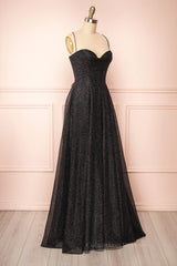 Bridesmaid Dress Blue, Sparkly Black Lace-Up A-line Sweetheart Long Prom Dress